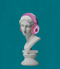 Contemporary art collage antique statue bust in modern pink headphones with donut element isolated over green background - obrazy, fototapety, plakaty