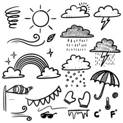 Collection of hand drawn doodle weather icons isolated on white background.