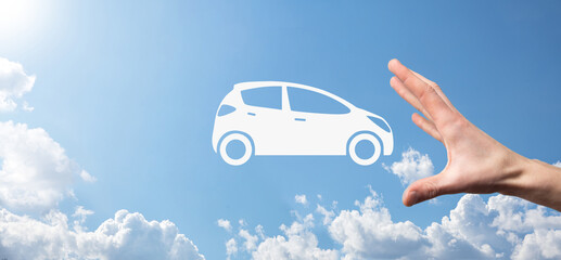 Digital composite of Man holding car icon.Car automobile insurance and car services concept....