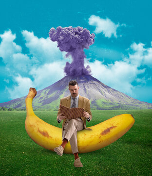 Contemporary art collage of man sitting on banana and reading notebook isolated over erupting volcano