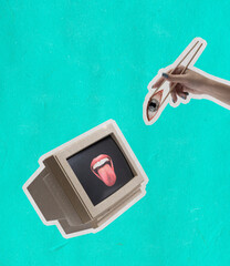 Contemporary art collage of retro computer with female mouth on screen and sushi eye isolated over green backgrund