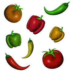 Perey and tomato. Volumetric illustration. Oil strokes. Electronic painting. White background.