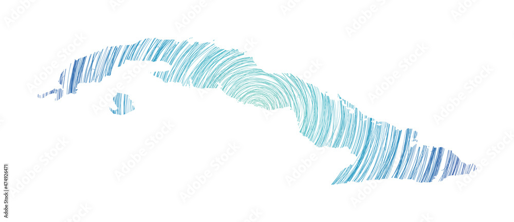 Poster cuba map filled with concentric circles. sketch style circles in shape of the country. vector illust