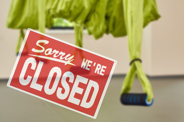 inscription sorry we are closed. the closure of the gym during the lockdown. fitness club with...