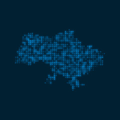 Obraz premium Ukraine dotted glowing map. Shape of the country with blue bright bulbs. Vector illustration.