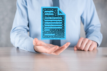 Businessman man holding a document icon in his hand Document Management Data System Business...
