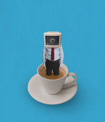 Contemporary art collage of male worker in a suit standing in coffee cup with retro computer head isolated over blue background