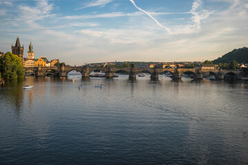 Prague, Czech Republic, June 2019 - beautiful sunset view of Prague by the Vltava River