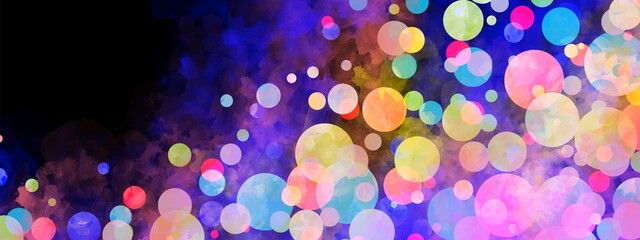 Christmas vector art blur background. Hand drawn color illustration for flyers, cards, cover, banner or wallpaper. Party. Festive colorful bokeh and highlights on black backdrop. Painted template.
