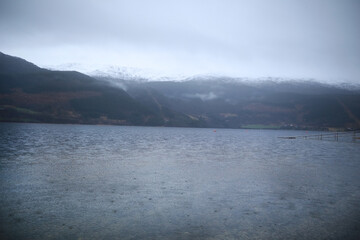 View of the Norwegian lake river in cloudy rainy weather through the trees. Norway in November. Resting place near the river lake. Mountain view in Norway.