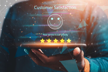 Satisfaction Survey Concept hands of business people, customer service The best 5-star business...