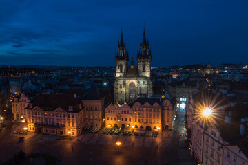 Prague, Czech Republic, June 2019 - night view of the beautiful and famous Church of Our Lady before Týn 