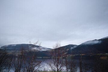 Obraz premium View of the Norwegian lake river in cloudy rainy weather through the trees. Norway in November. Resting place near the river lake. Mountain view in Norway.