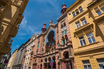 Prague, Czech Republic, June 2019 - view of Prague's Jerusalem Synagogue