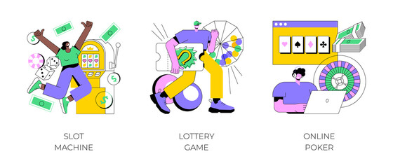 Gambling abstract concept vector illustration set. Slot machine, lottery game ticket, online poker, casino and bingo, jackpot win, internet gambling addiction, big prize TV show abstract metaphor.
