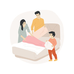 Teach making bed isolated cartoon vector illustration. Mother teaches child to make bed, household maintenance skill, child put linen, homebased daycare, homeschooling activity cartoon vector.