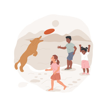 Off-leash Playing Isolated Cartoon Vector Illustration. Kid Throwing A Frisbee To A Dog, Catching Flying Toy, Running Off-leash, Family Walking With Pet At The Beach, Having Fun Cartoon Vector.