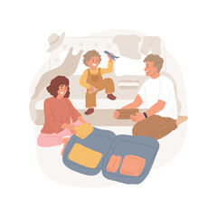 Hotel room isolated cartoon vector illustration. Family travel, parents unpacking luggage, children playing in a hotel room, clothes on a big bed, arrival to a holiday resort cartoon vector.