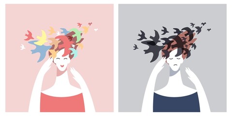 Joy, optimism, inspiration. Depression, melancholy, psychological problems. A metaphorical illustration of a woman's mood. The silhouette of a girl and a flock of birds