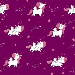 Seamless pattern on a red background with unicorns and stars.