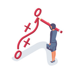 Businesswoman stand whiteboard showing scheme. Business presentation planning strategy. Business tactic. Pointing and explains chart. Vector illustration isometric design style. Plan to achieve goal.