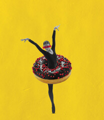 Contemporray art collage of tender girl, ballertina dancing in yummy chocolate donut tutu isolated over yellow background