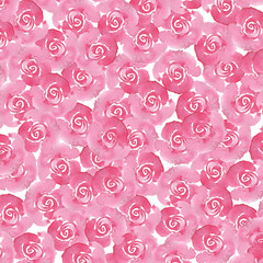 Pink rose flowers watercolor background. Romantic backdrop for cards, invitations. Wedding design in delicate pink colors. Valentine's day art