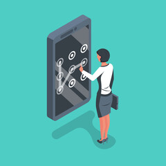 Unlock screen. Smartphone screen. Graphic pattern as a symbol of protection. Safety of phone, mobile protection. Vector illustration flat design.