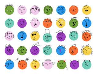 Collection of multicolored emoticons with linear graphics elements. Modern avatars in comic style.