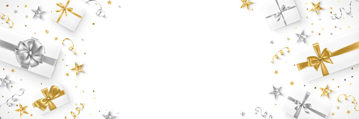 Festive holiday background. Presents with silver and golden ribbons. Confetti burst frame.