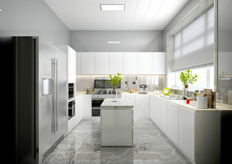 3d render of white design kitchen