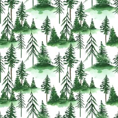Forest seamless pattern on a white background. Pine trees endless print. Watercolor landscape wallpaper. Green trees clipart. Nature design for wrapping paper and more.