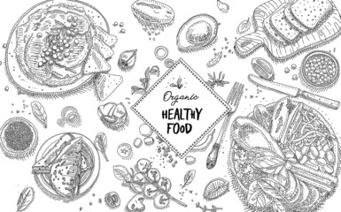 Organic healthy food frame with sketchy dishes. Food hand-drawn vector. 