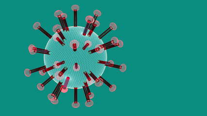 3d model of a coronavirus particle, on a green background.