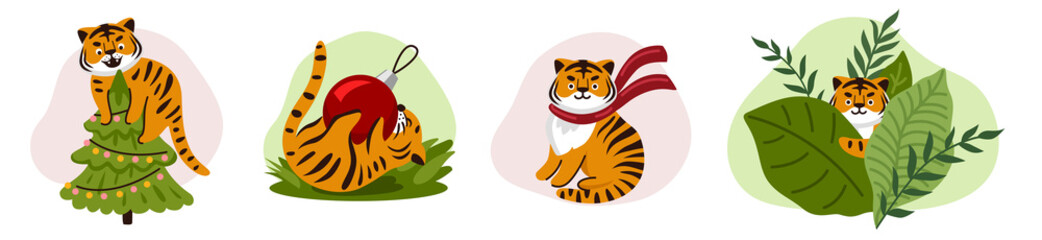 Cute cartoon tiger with christmas toy, climbing christmas tree, hiding in the tropical thicket. Kawaii chinese symbol of the year, Wild animal, striped cat character. Vector illustration.