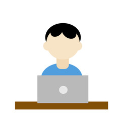 The boy icon sits at the table at the laptop.