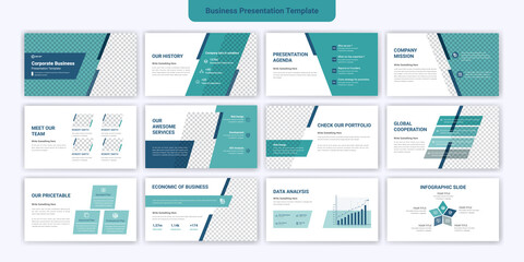 Corporate business powerpoint presentation slides template design. Use for modern keynote presentation background, brochure design, landing page, annual report, company profile. 