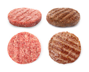 Fototapeta na wymiar Raw and grilled hamburger patties on white background, collage