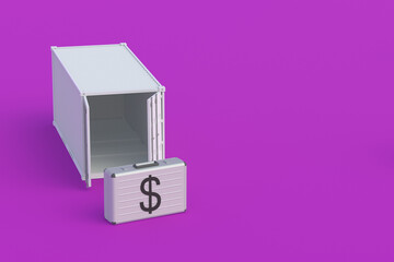 Suitcase with symbol of dollar near freight container. Large international investment concept. Transportation of financial aid, credit. Global financial system. Profit from import, export. 3d render