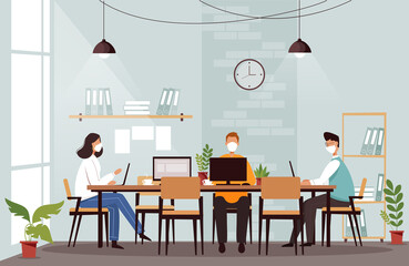 Fototapeta premium People in masks working in office. Workplace in coronavirus pandemic vector illustration.