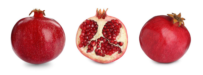 Set with tasty ripe pomegranates on white background. Banner design