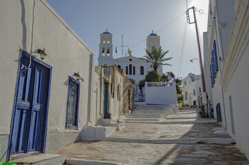 Picturesque landscape scenic view of Greek Island coastal town city of Amorgos Island in Greece...
