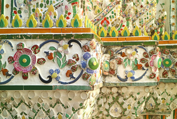 Architectural Details of the Prang of Wat Arun Decorated with Pieces of Porcelain Once Used as Ballast on the Ships from China, Bangkok, Thailand 