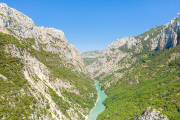Fototapeta na wymiar The river in the Gorges du Verdon in Europe, France, Provence Alpes Cote dAzur, in the Var, in the summer on a sunny day.