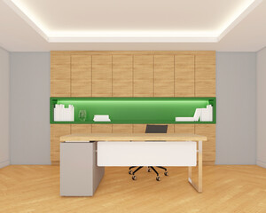 Workspace room with table and chair, shelf and cabinet. 3d rendering