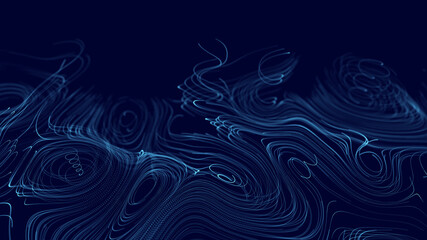 Blue digital dynamic wave. Future technology illustration. Abstract background with dots moving in space. 3d rendering