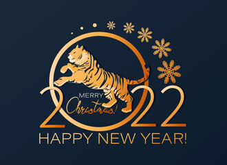 Tiger. Greeting card. 2022. Happy New Year. Year of the tiger. Christmas and New Year poster. Winter festive template with tiger and congratulations on dark background. Vector illustration. 