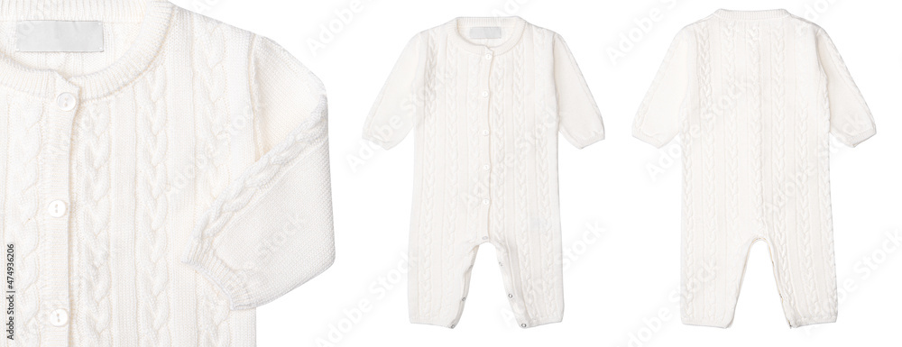 Canvas Prints White baby romper mockup isolated on white background. Children romper knitted with buttons