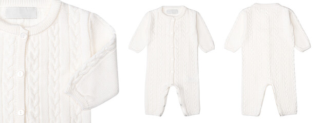 White baby romper mockup isolated on white background. Children romper knitted with buttons