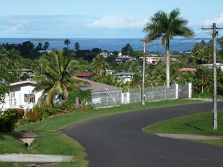 Scenic view on the outskirts of Fijian capital Suva with the Pacific Ocean in the background, Suva,...